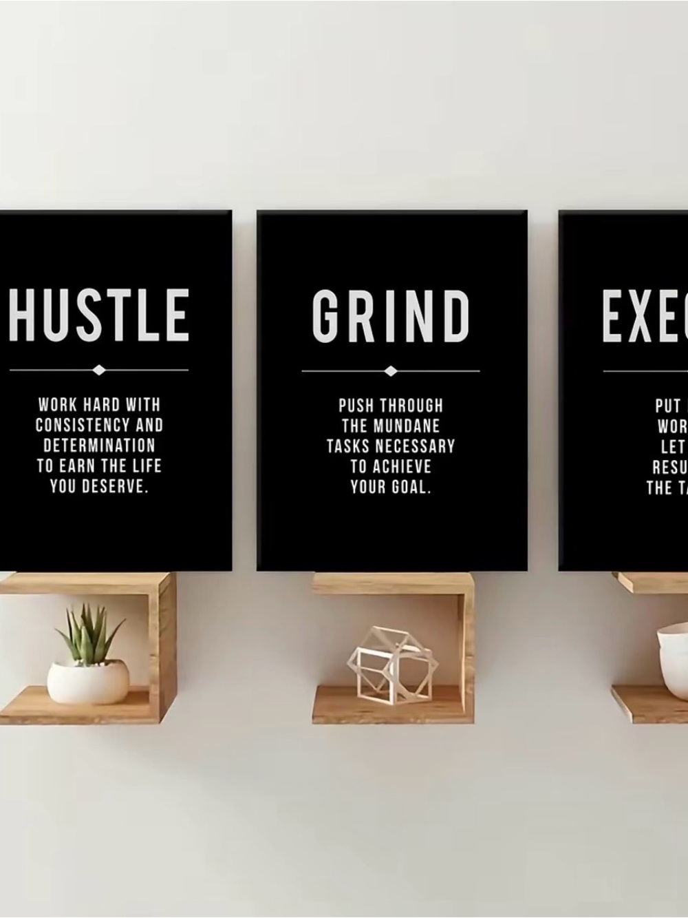 Set of 3 Black Motivational Wall Prints - HUSTLE GRIND EXECUTE